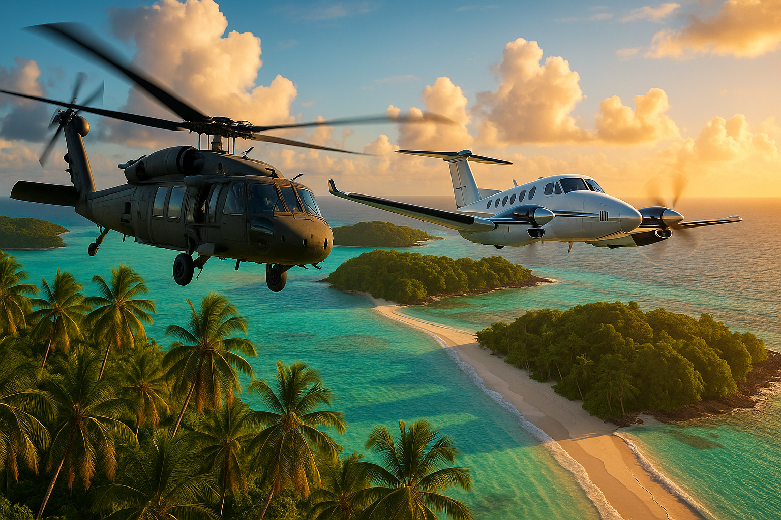 blackhawk helicopter and kingair airplane flying in a tropical setting